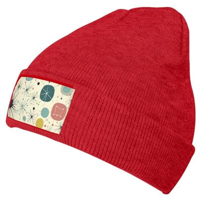 Atomic Stars Strickmütze für Damen und Herren, Strickmütze, warme Wintermütze, modische Beanie-Mütze mit Bündchen, rot, One size