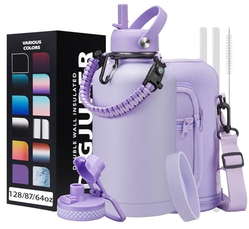 Half Gallon Water Bottle Insulated - 64 oz Water Bottle with Carrying Sleeve, Paracord Handle, Straw Spout Lid, Leak-proof Metal Hydro Jug for Workout Sport Hiking Gym, Purple Big Flask Thermo