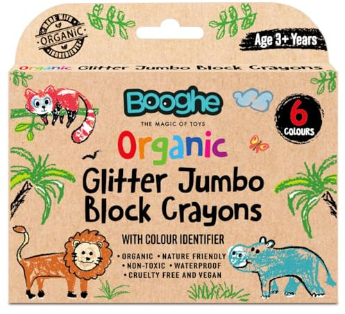 Booghe Glitzerstifte, organische Glitzer, Jumbo-Blockstifte, hergestellt mit organischen Inhaltsstoffen und lebensmittelechten Farben, umweltfreundlich, ungiftig, wasserdicht, 6 Stück, ab 3 Jahren