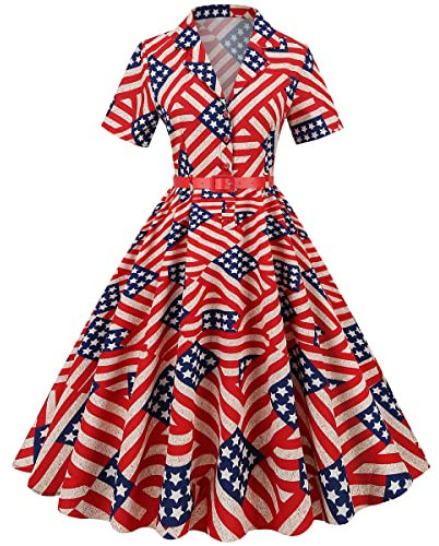 Damenkleid im 50er-Jahre-Stil, amerikanische Flagge, 1950er-Jahre, Audrey Hepburn, Revers, Vintage, V-Ausschnitt, Cocktailkleid, Swing-Kleid mit Gürtel, Sternenstreifen, X-Groß