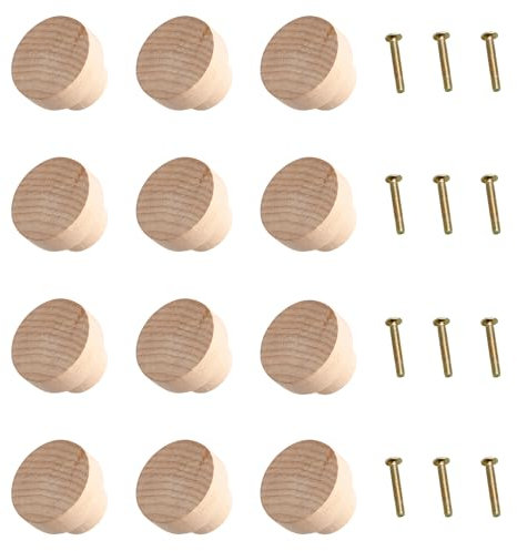 Rumyve 12PCS Door Knobs,Round Wood Drawer Handles with Screws,Natural Wooden Door Knobs Pull Handle for Home Office Room Kitchen Cupboards Wardrobes Cabinet Drawer