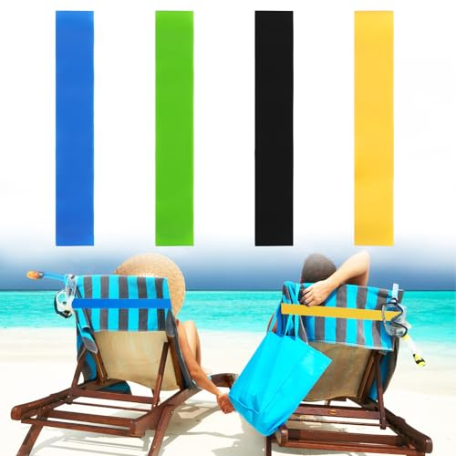 Niuoppy 4 Pcs Elastic Sunbed Towel Bands, Towel Bands for Beach, Best Beach Chair Towel Clips, Beach Towel Holder for Chair (Yellow+Blue+Green+Black, 4Pc(1mm Thick))