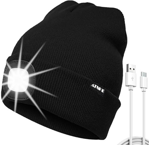 ATNKE LED Mütze mit Licht, USB Typ C Wiederaufladbare 4 LED Beleuchtete Laufmütze Extrem Heller Lampe Winter Warme Stricken Mütze für Herren und Damen Geschenke/Black