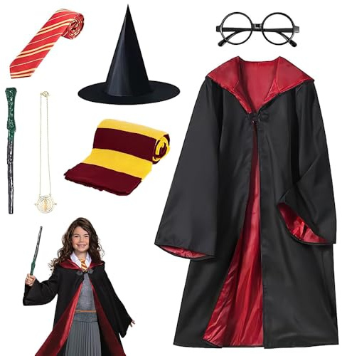 Dhqkqg Kostüm Erwachsene 7 Teiliges, Cosplay Kostüm mit Cape,Magic Wand,Glasses,Scarf,Tie,Halloween Kostüm für Kinder Erwachsene, Kindheitshelden Kostum,Zauberer für Kostum,Karneval Cosplay,145-155 CM