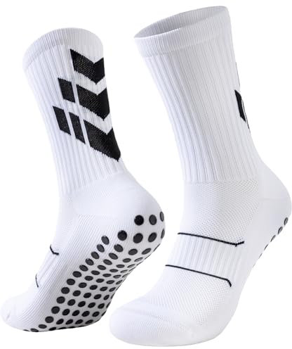 Niorasen Fußballsocken für Herren und Damen, Grip Sportsocken Männer, Tapedesign Football Socks Baumwolle Atmungsaktiv Rutschfeste für Basketball Yoga Training Laufen, 43-46, Weiß