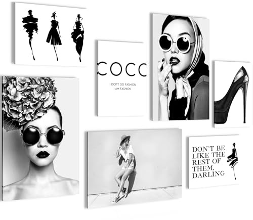 Novart Bilder Coco Fashion - KOMPLETT AUFHÄNGFERTIG - Schwarz Weiss Wohnzimmer Mädchen Teenager - 7 Moderne Mood-Bilder - N028772a