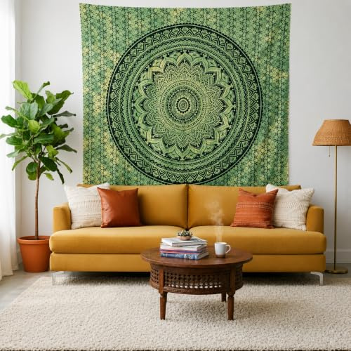 FURNISHFUL FINESSE Wandteppich, Mandala Ombre, Grün, 213 x 228 cm | Dekorative Baumwoll-Wanddecke für Wohnzimmer, Schlafzimmer oder Boho-Räume; vielseitig als Wandbehang und Heimdeko.