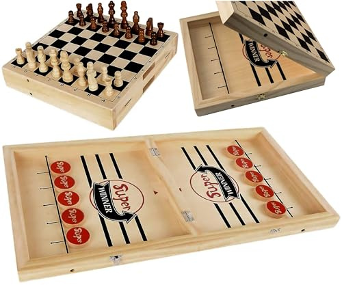 Oasis: Sling Puck Spiel aus Holz, Tragbares Tischhockey Brettspiel Groß, Spieleset 2-in-1: kombiniert mit Schach; Geschicklichkeit und Strategie, Indoor-Spaß für Jung und Alt