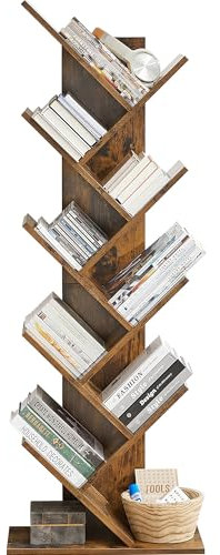 AUNEK Tree Bookshelf, 9-Tier Floor Standing Book Shelf, 71x50x141cm Wooden Display Shelves Tall Bookcase, Book Storage Shelving Units for Living Room, Rustic Brown Bookshelves, Bedroom, Home Office