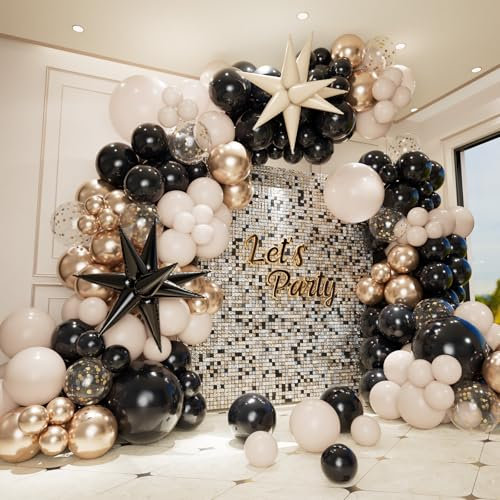 Black White and Gold Balloon Garland Arch Kit, Black Sand White Champagne Metallic Gold Confetti Latex Balloons for Graduation Birthday Anniversary Wedding Engagements Baby Shower Party Decorations