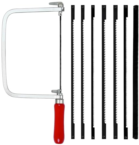 UQTUKO Laubsäge Set, inkl. 7 Sägeblätter und 1 Laubsägebogen (14/18/24 Zähne), 360 Grad drehbar mit Holzgriff Feinsäge Holzarbeiten Laubsägebogen für Metall und Holz, Präzise Schnitte