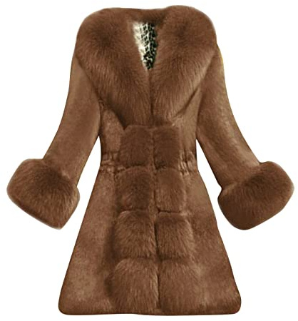 Cappotto in pile lungo da donna, taglie grandi, con colletto in pelliccia sintetica, scollo a V, patchwork, in pelliccia sintetica