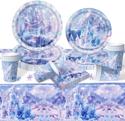 Birthday Party Tableware Girls- 51PCS Princess Birthday Party Decorations Cartoon Ice Themed Party Favor Supplies Paper Plates Cups Napkins Tablecloth for Kids Baby Showers Deco