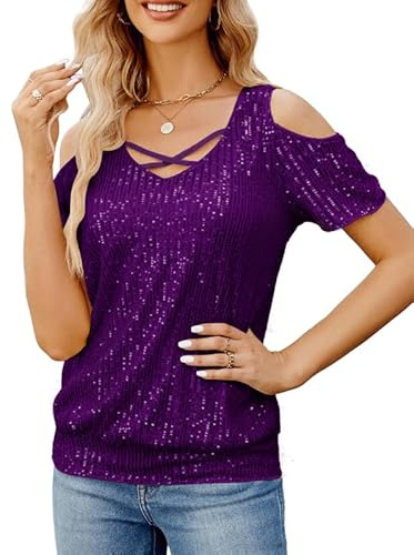 JASAMBAC Clubbing Outfits for Women， Glitter Tops Festival Outfit Cold Shoulder Sequin Tops Ladies Tunic Sparkle Dressy Blouse for Club Party Dark Purple