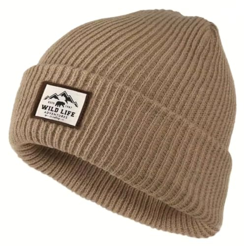 Generisch Wild Life Adventures Beanie Mütze, Khaki Rippstrick, 56-58 cm, Unisex Wintermütze mit Patch