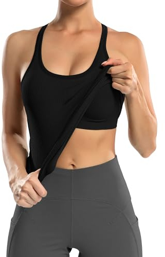 Charmo Tank Top Damen Sommer Top mit integriertem BH Eng Sporttop Racerback Sportshirt mit Rundhalsausschnitt