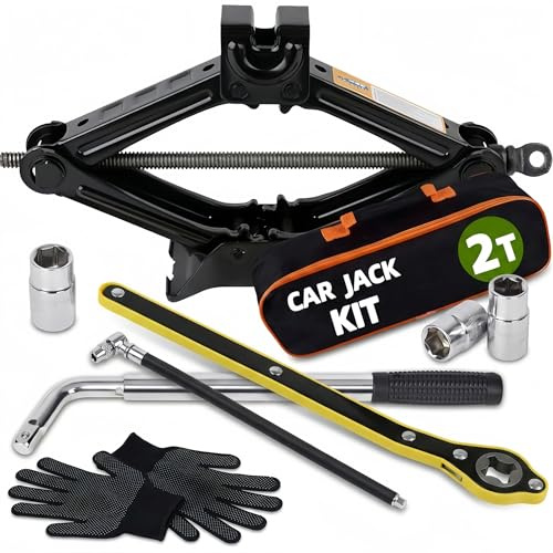 2 Tonne Scissor Jack Kit for Car SUV Universal Tyre Change Tool Set with Ratchet Wrench, Lug Nut Wrench (17/19/21/23mm), Gloves & Bag, Emergency Roadside Recovery Lifting Kit for Vehicle Van
