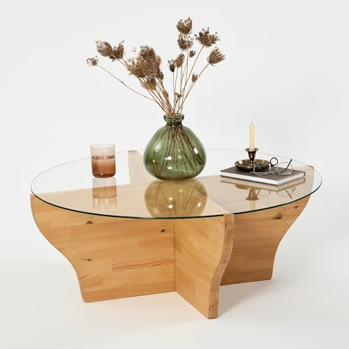Hanah Home Modern Coffee Table, 92 cm Teak Color, 100% Tempered Glass & Pine Solid Wood Frame, 36 cm Height | Stylish & Functional for Living Spaces