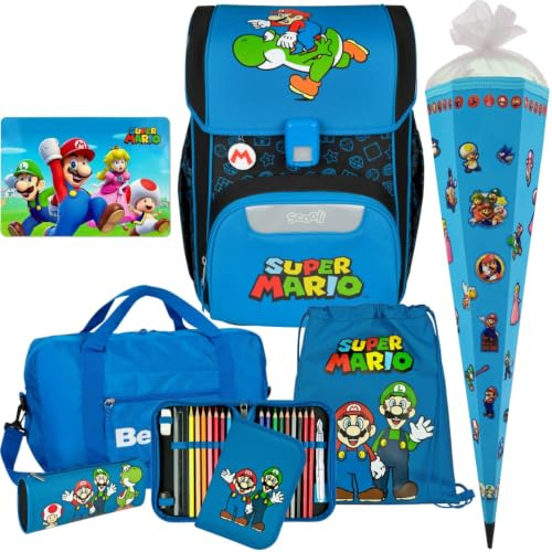 Pridera Scooli Schulranzen 1.Klasse Jungen EasyStart Schulranzen-Set geeignet für Super Mario-Fans (8tlg. mit Sporttasche passend dazu Platzdeckchen Schultüte)
