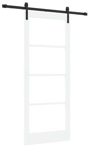 Porte coulissante ORKDAL blanche en pin massif et verre 83 x 202 cm avec rail, butée de porte et roulettes pour chambre et salon, glissement silencieux, durable, montage facile