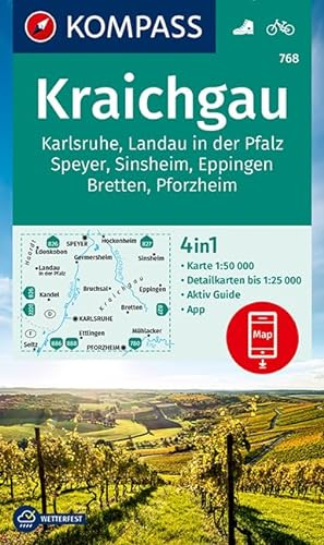 KOMPASS Wanderkarte Kraichgau, Karlsruhe, Landau i. d. Pfalz, Speyer, Sinsheim, Eppingen, Bretten, Pforzheim: 4in1 Wanderkarte 1:50000 mit Aktiv Guide ... (KOMPASS-Wanderkarten, Band 768)