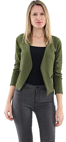 Malito - Damen Blazer Langarm - unifarbener Jerseyblazer - Kurze Basic Jacke - Sweatblazer mit Reißverschluss - Tasche - tailliertes Sakko 6040 (Oliv | Größe M)