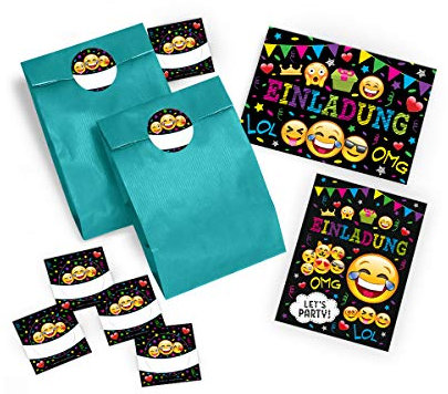 12-er Set Einladungskarten, Umschläge, Tüten/blau, Aufkleber Kindergeburtstag Mädchen Jungen Jungs Geburtstagseinladungen Einladungen Geburtstag Kinder Kartenset schwarz