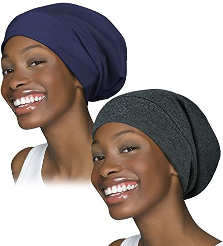 Ensemble de 2 bonnets de nuit doublés de satin pour femmes à cheveux bouclés, extérieur 100 % viscose de bambou, pour filles, bleu/gris, Taille unique