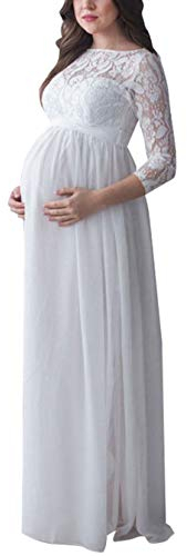 Loalirando Robe de Grossesse Maxi-Longue en Dentelle à Manches Longues, Robe de Maternité Dentelle Photo Mariage Cérémonie, Blanc, XL
