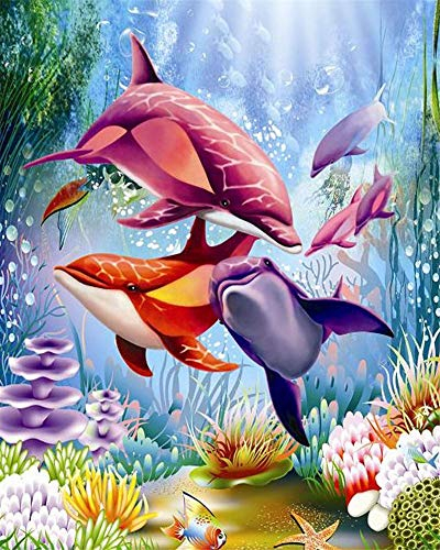 YEESAM ART DIY Ölgemälde Malen nach Zahlen Erwachsene Kinder, Delphin Seestern Fisch Zahlenmalerei ab 5 Öl Wandkunst (Delphin, ohne Rahmen)