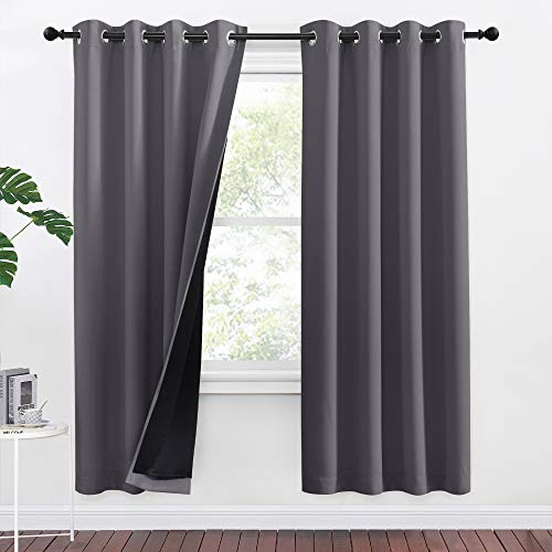 PONY DANCE Doppellagige Gardinen Grau Blickdicht Thermovorhang Hitzeschutz mit Ösen Gardienen 2-Set H 175 x B 140 cm Verdunkelungsvorhang Schlafzimmer Vorhänge Thermo Wärmeisolierend