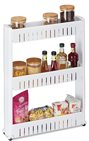 Relaxdays Nischenwagen, 3 Ablagen, schmales Nischenregal für Bad & Küche, HBT 71x12,5x54 cm, Rollregal Kunststoff, weiß