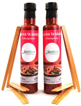 TomYang Asia Saucen & Grillzangen/Essstäbchen (8-Pack), 2 Stk. Mookata Chilisaucen und 6 Stk. Bambus-Grillzangen für Asian Food Partys wie Thai Grill und Hot Pot
