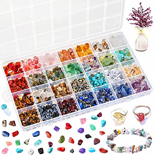 Selizo 1400 Stück Ringe Selber Machen Set, 24 Farben Natürlicher Edelsteine Perlen, Kristall Perlen Schmuck Bastelset für DIY Ketten Armbänder Ohrringe