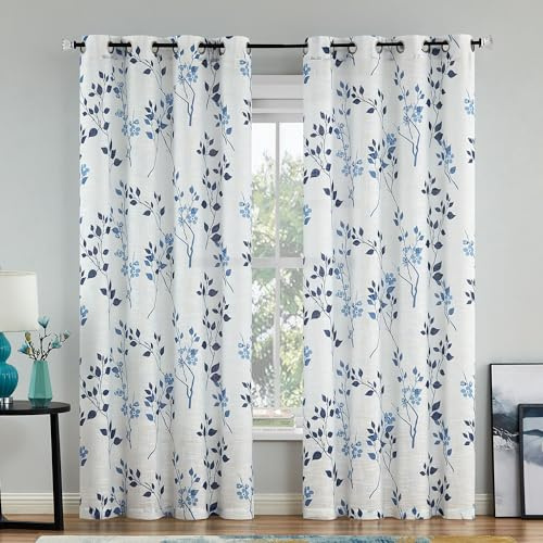 Beauoop Transparente Fenstervorhänge mit Blättermuster, 244.6 cm lang, botanisches Blumenmuster, Leinenstruktur, Vorhänge für Wohnzimmer/Schlafzimmer/Bauernhaus, Voile-Ösen, blau/Marineblau, 2 Bahnen