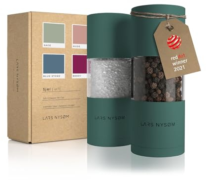 LARS NYSØM Salz und Pfeffer Mühlen Set aus Edelstahl mit einstellbarem Keramik-Mahlwerk 2 Stück I Manuelle Gewürzmühlen mit hochwertigem Design (2 Stk) (Pine Green)