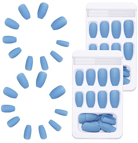 YATEICBC 48pcs Faux Ongles Bleu Mat Faux Ongles de Cercueil à Couverture Complète Ongles Artificiels avec 2 Pcs Colle à Ongles, 2 Pcs Limes à Ongles et 2 pcs Bâtons en Bois pour Femmes Filles
