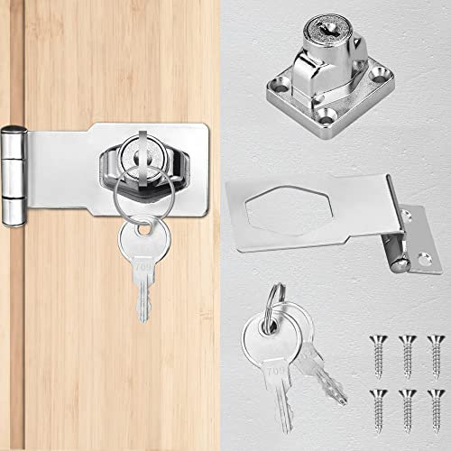 TANCUDER Small Hasp and Staple 90 Degrees Metal Lock Hasp 4 Inch Door Bolt Latch Buckle Safety Door Clasp Knob Shed Locks with Padlock, Key, Screws for Cabinets Cupboard Drawer Gate, Silver