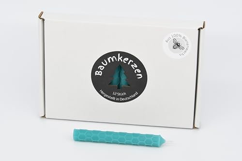 Premium Baumkerzen 12 Stück aus 100% EU Bienenwachs Honigwaben Muster farbig Christbaumkerzen (Türkis)