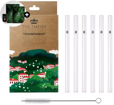 The Empire Products® [+ EBOOK] Wiederverwendbare Premium Glas Strohhalme inkl. Reinigungsbürste - Glas Trinkhalme transparent gerade 6 Stück Set - 15cm lang - 8mm Durchmesser (15cm gerade)