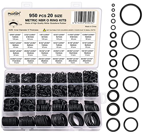 Plusmart O Ring Kit, 950 Pcs Rubber O-Ring Assortment Kit, 20 Sizes Washer Gasket Set for Pressure Washer, Plumbing Sealing Repair, Air or Gas Connections, Resist Oil and Heat