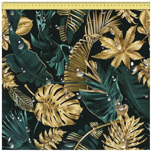 DreamRoots Segeltuch Wasserdicht - Polsterstoff Meterware 160 cm breit - Wasserabweisender Stoff 220 g/m2 600D - Markisenstoff Wasserdicht Meterware Monstera Gold Green 2M