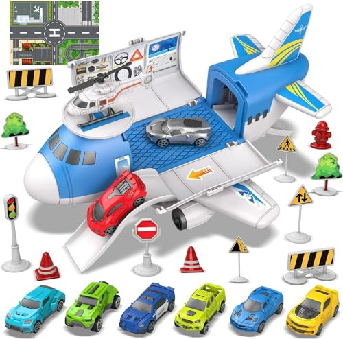 Kramow 21 in 1 Flugzeug und Auto Spielzeugset für Jungen Ab 3 Jahren - Mit Spielmatte und Wegweiser für Kinder