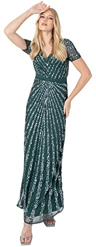 Maya Deluxe Womens Maxi Ladies Embellished Sequin Long Short Sleeve V Neck High Empire Waist Cut Shiny Prom Wedding Bridesmaid Dress, Emerald Green, 26 UK