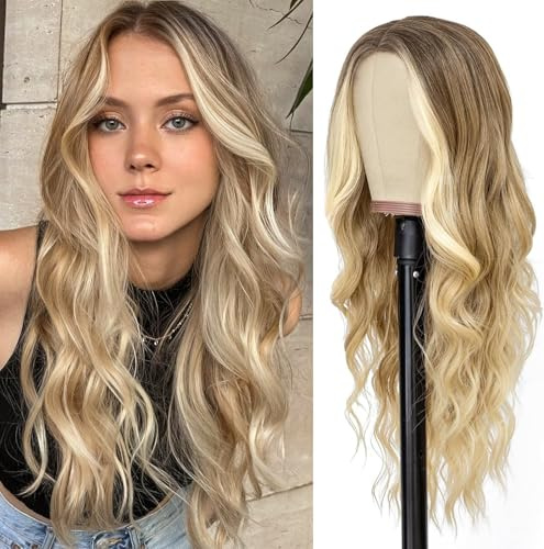 PORSMEER Perücke Damen Ombre Blond Highlight Wig Kunsthaar Natürlich Perücke Lange ohne Pony Wellig Gewellte Lockig braun blond Perücke Für Frauen 26 zoll