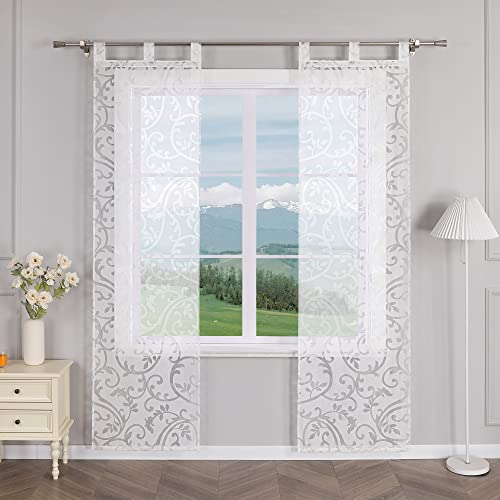 Delien 2er Set Schiebevorhänge Ausbrenner mit Ranken Muster Transparente Gardinen Modern Schiebe Flächenvorhänge Wohnzimmer Vorhang Fenster Gardinen Schals mit Schlaufen BxH 57x225cm,Weiß