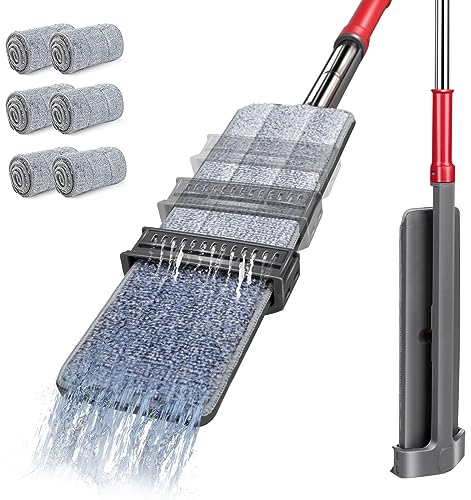 Midyb Wischmopp mit Auswringfunktion, Flacher Bodenwischer mit 147m Teleskopstiel, Mikrofaser Wischer Boden mit 6 Wiederverwendbare Moppkopf, Moppie Wischmop für Hartholz Laminat Fliesen