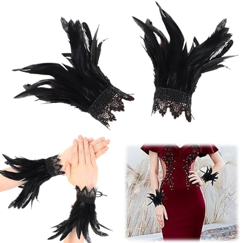 TECHEEL 1 Paar Feder Manschetten Schwarz Feder Accessoires Vintage Feder Manschette Spitze Gothic Feder Schwarze Handschuhe Manschette für Game Party Halloween Kostüm Rollenspiel Party