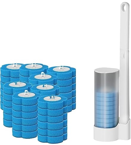 Toilet Wand Kit, Disposable Toilet Brush with Holder, Disposable Toilet Cleaning System with 48 Toilet Wand Replacement Heads, Bathroom Cleaning (White + 48PCS Replacement Head)