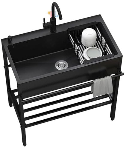 Lavello in acciaio inossidabile 304 con 1 scomparto autoportante, 68 x 45 x 85 cm lavello da ristorante commerciale con rubinetti freddi e caldi, lavabo Nero
